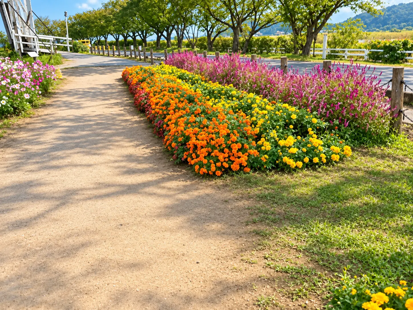 AI-enhanced version of the same flowerbed scene, with bright sunlight, a dry path, and the foreground hoses removed.